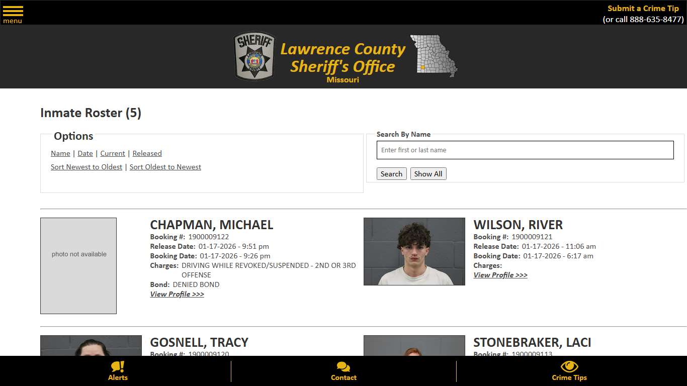 Inmate Roster - Released Inmates Booking Date Descending - Lawrence County Sheriff MO