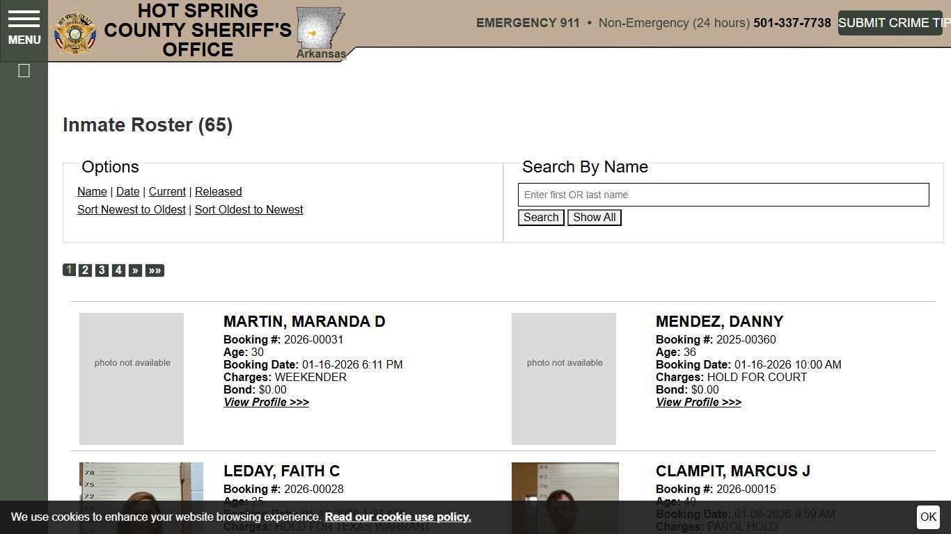 Inmate Roster | Hot Spring County Sheriff's Office | Sort Booking Time - Descending | Page 1